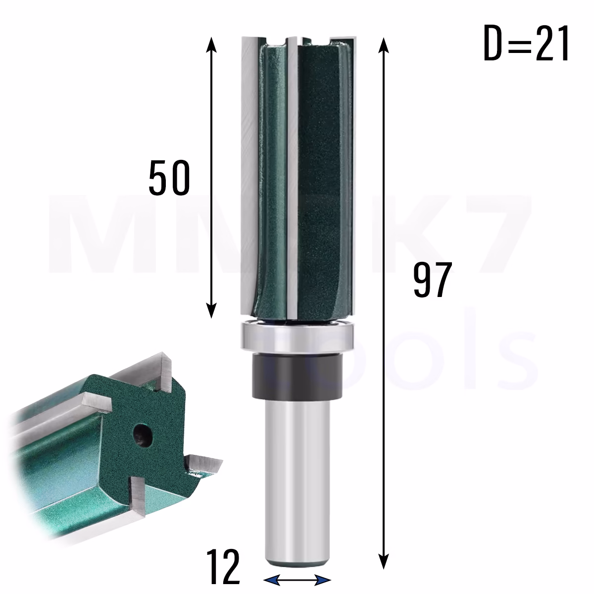 Frez prosty do drewna 4P | trzpień 12 mm | fi 21 x 50 | VHM | z łożyskiem