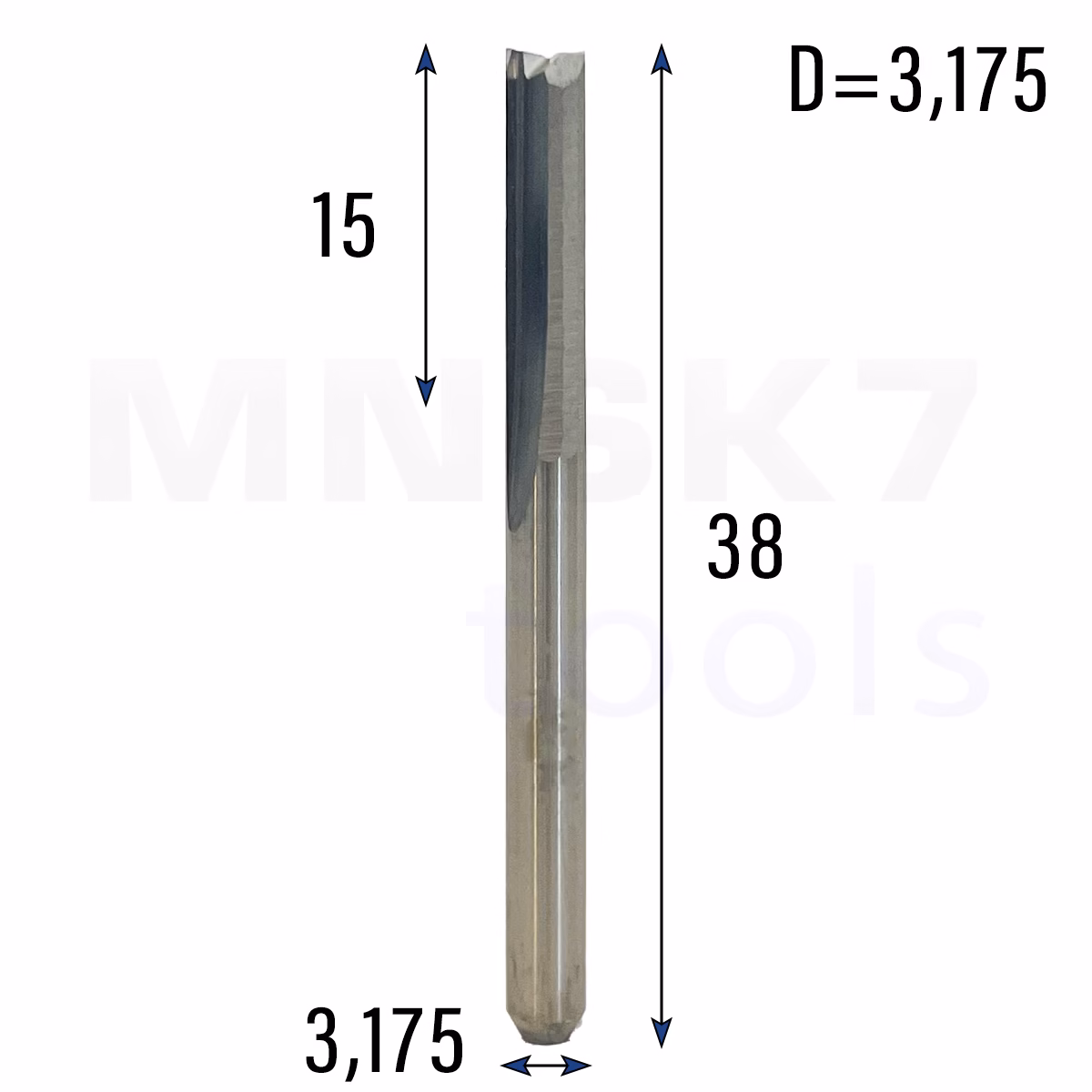 Frez prosty do drewna 2P | fi 3.175 mm x 15 mm x 38 mm | CNC VHM