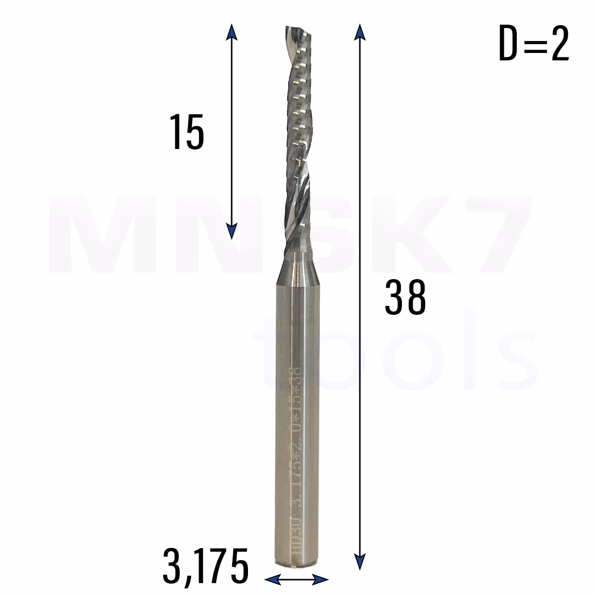 Frez uniwersalny jednopiórowy 1P | fi 2 x 15 x 38 | VHM CNC | Polerowany
