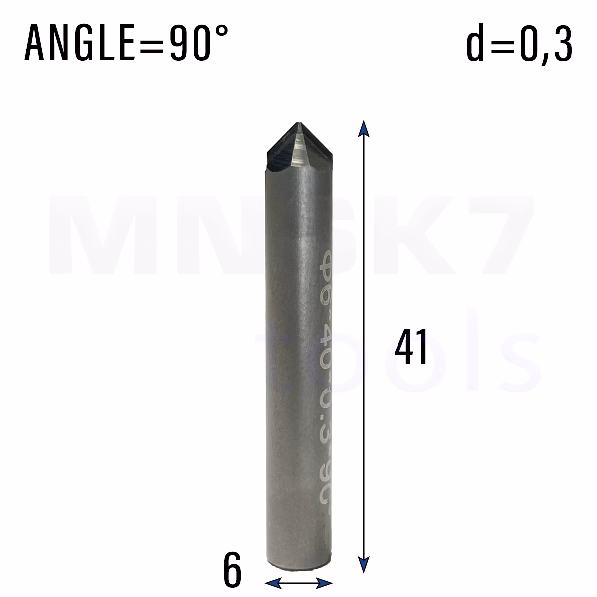Frez diamentowy PCD do granitu | trzpień 6 mm | fi 0,3 x 41 | 90° | CNC
