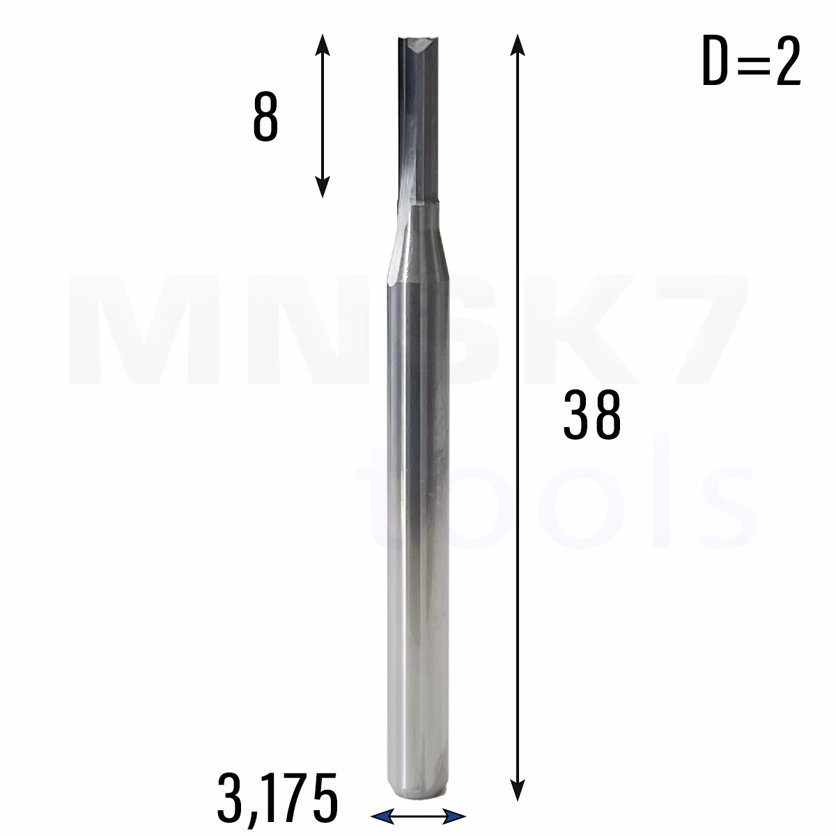 Frez prosty do drewna 2P | fi 2 mm x 8 mm x 38 mm | CNC VHM