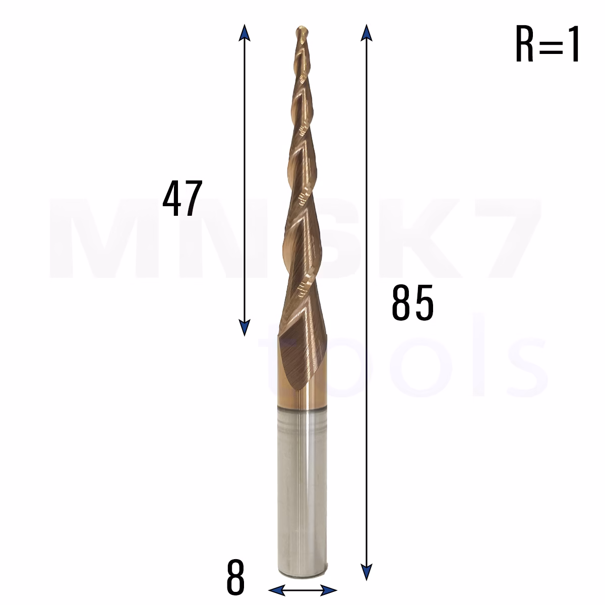 Frez stożkowy kulowy 3D | 8 x 47 x 85 | R1 | HRC55 | 3.65°