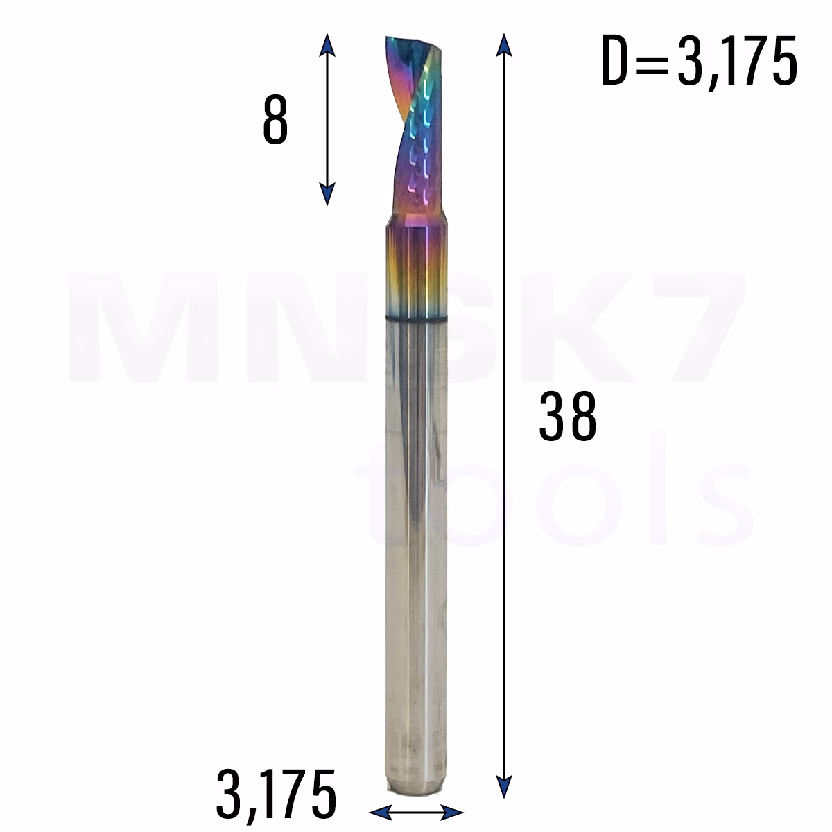 Frez jednopiórowy do aluminium 1P | fi 3.175 x 8 x 38 | CNC VHM HRC 55 | DLC