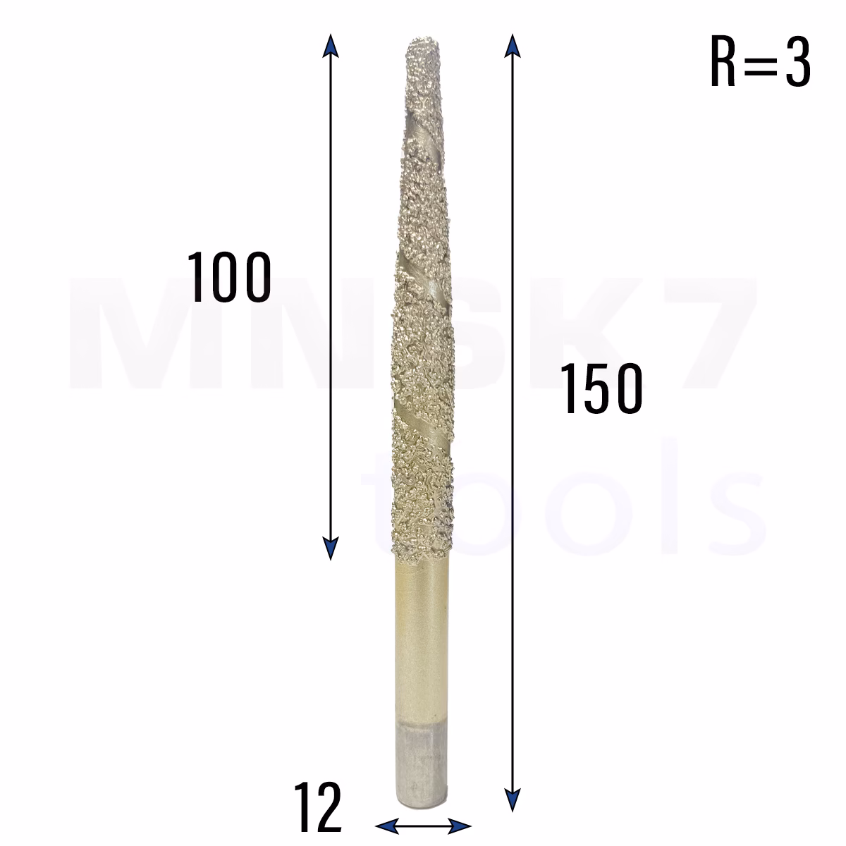 Frez diamentowy stożkowy kulowy do granitu 3D | R 3 | 12 × 100 × 150 | CNC