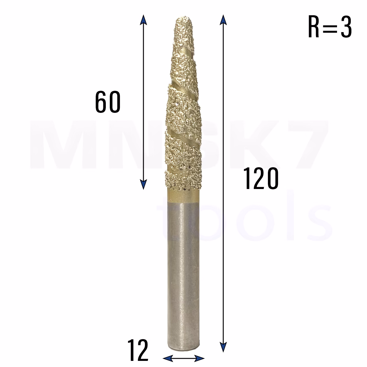 Frez diamentowy stożkowy kulowy do granitu 3D | R 3 | 12 × 60 × 120 | CNC