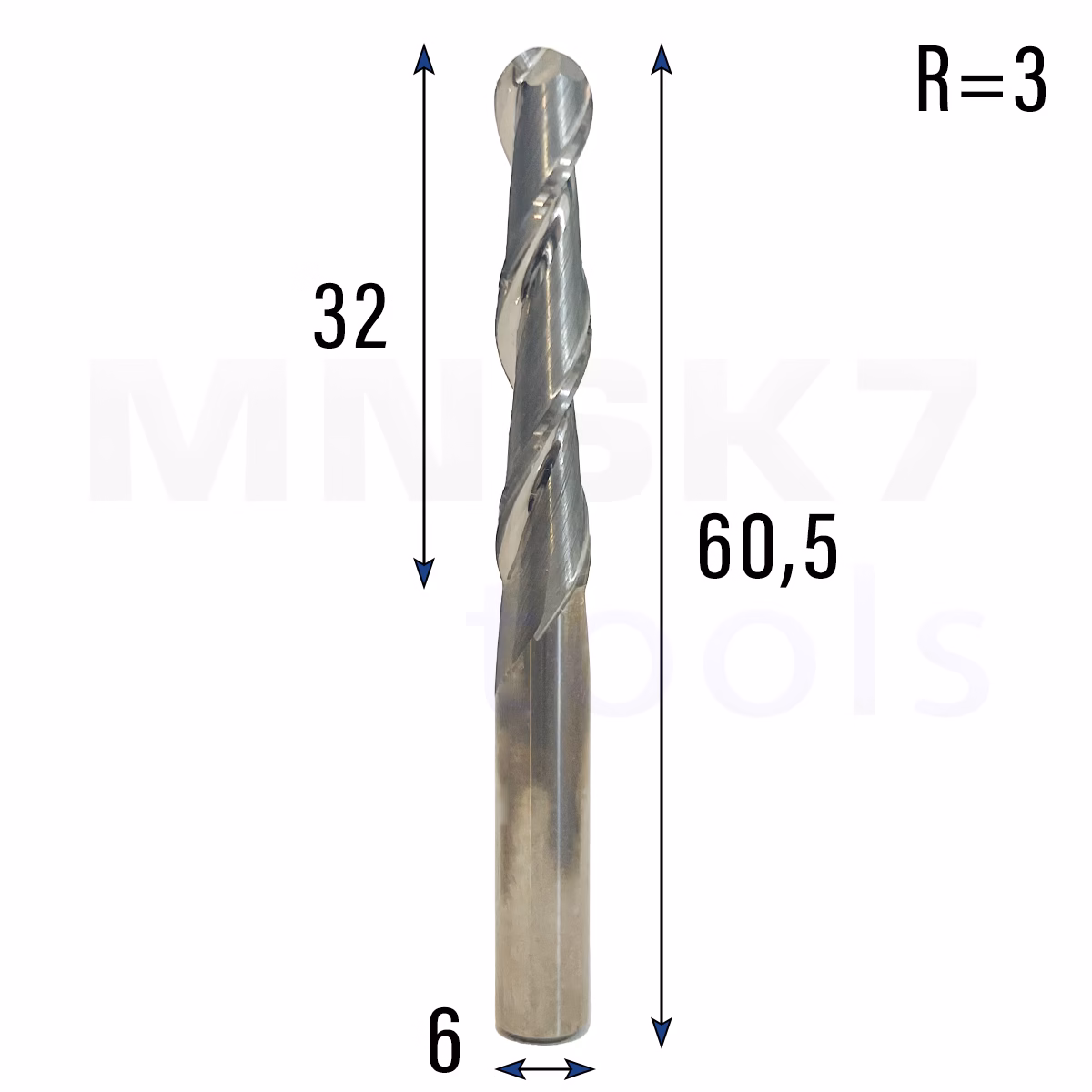 Frez kulowy 3D 2P | trzpień 6 mm | fi 6 x 32 x 60,5 | R3 | VHM CNC