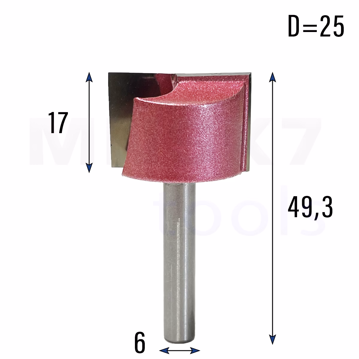 Frez prosty do drewna 2P | trzpień 6mm | fi 25 x 17 x 49,3 | VHM
